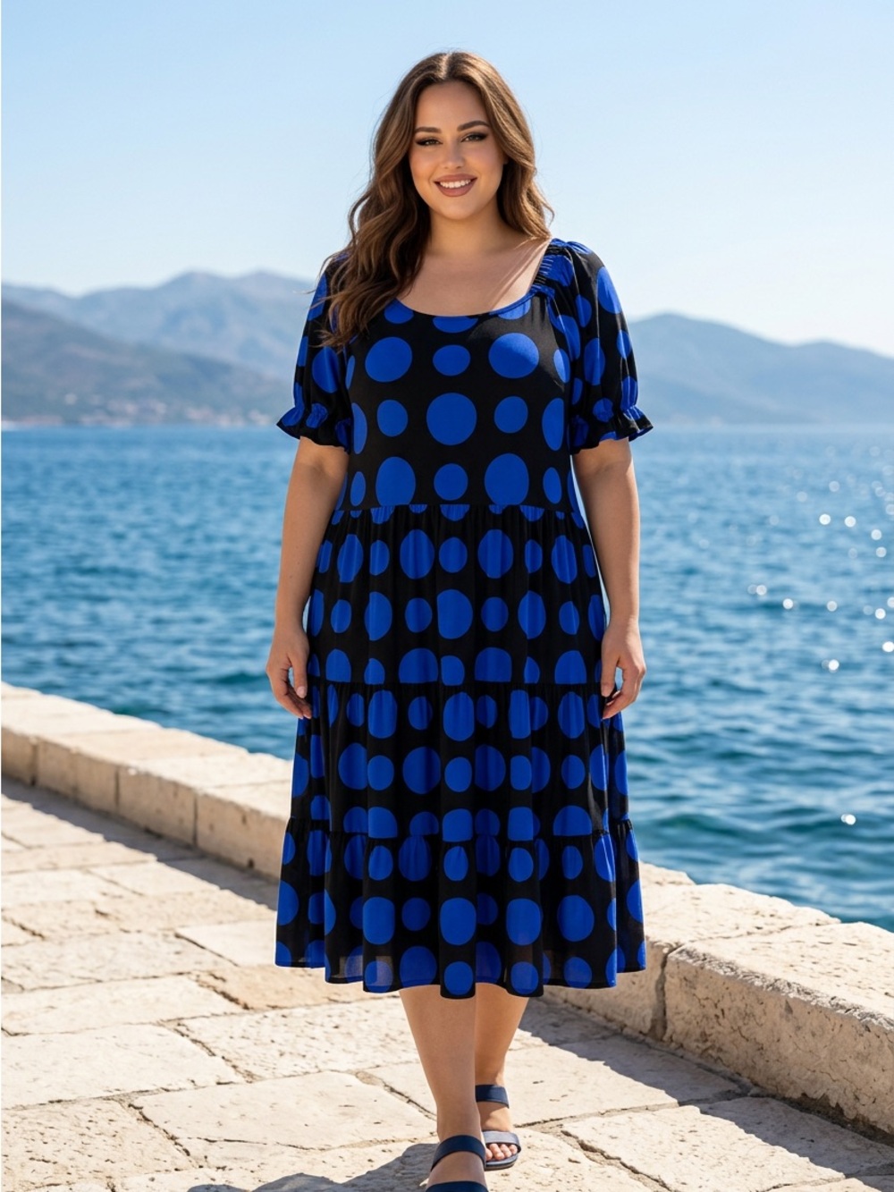 Cato Black and Royal Blue Polka Dot Midi Dress